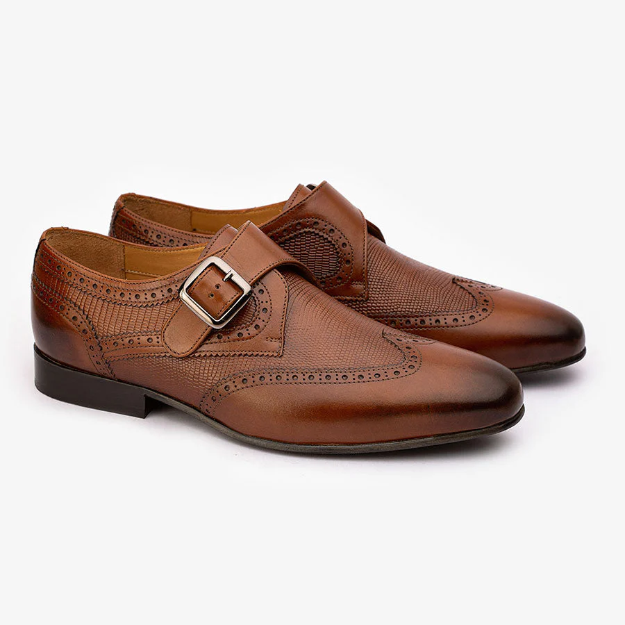 Men's Handmade Brown Wingtip Single Monk Leather Elegant Monk Shoes - Hand Made by JB