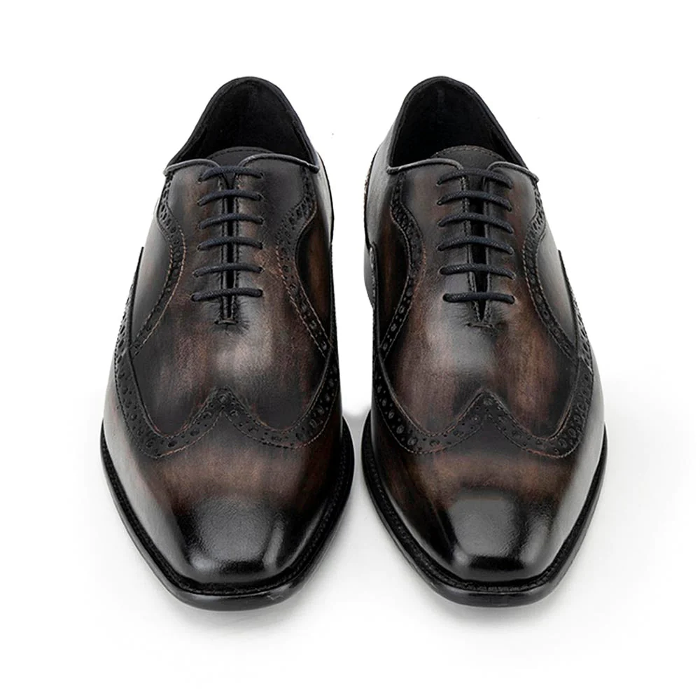Men's Handmade Brown Wooden Patina Leather Elegant Oxford Shoes