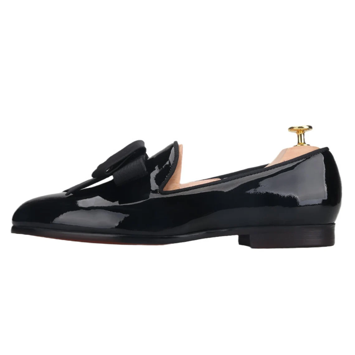 Black Patent Leather Slippers Loafers with Black Bow Prom Wedding
