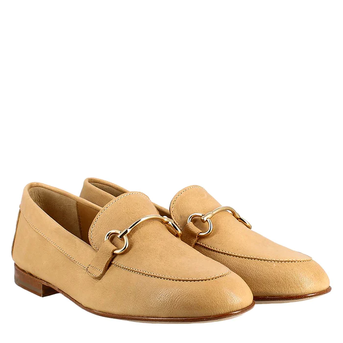 Women's Handmade Beige Leather Buckle Loafer - Hand Made by JB