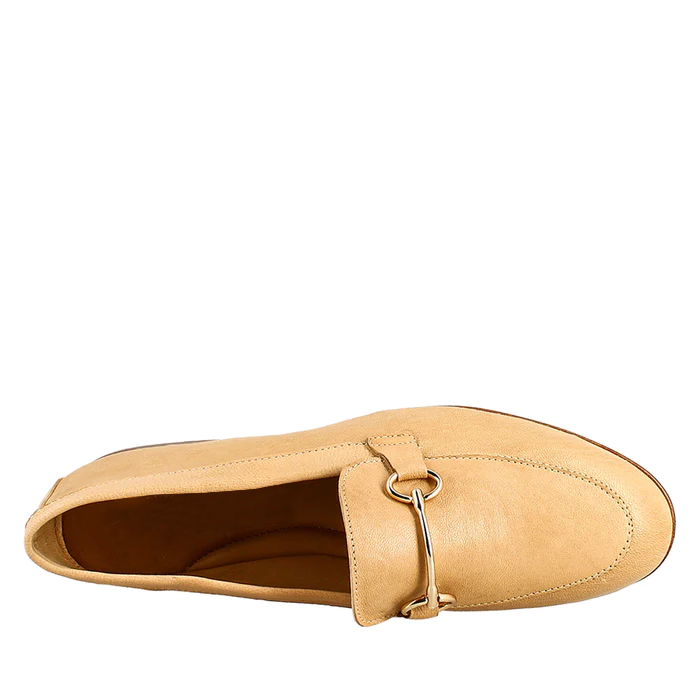 Women's Handmade Beige Leather Buckle Loafer