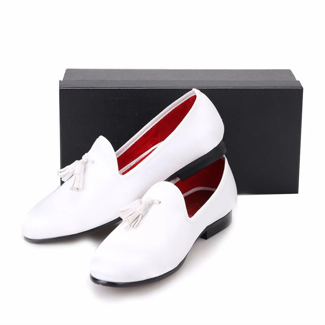 Men's White Suede Slippers Loafers with White Tassel Prom Wedding