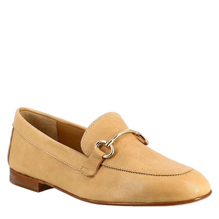 Women's Handmade Beige Leather Buckle Loafer