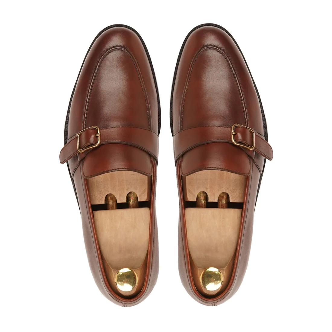 Men's Handmade Buckle Loafers Brown Calf Shine Leather Shoes