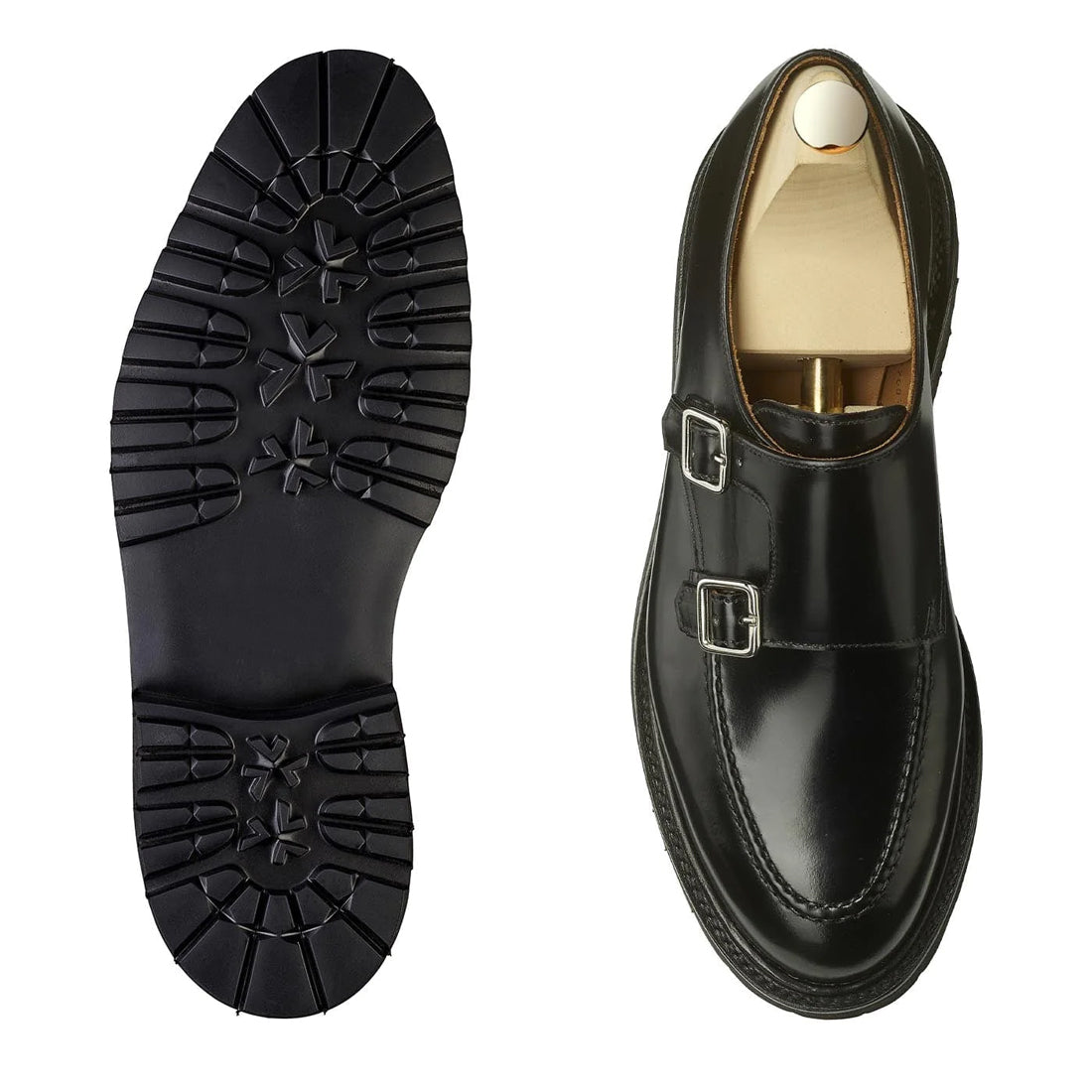 Women's Handmade Black Leather Double Buckle Monk Shoes