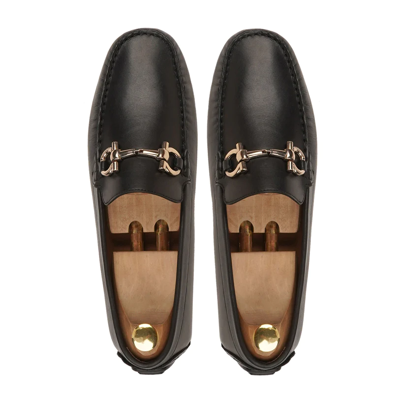 Men's Buckle Black Calf Leather Loafers Shoes