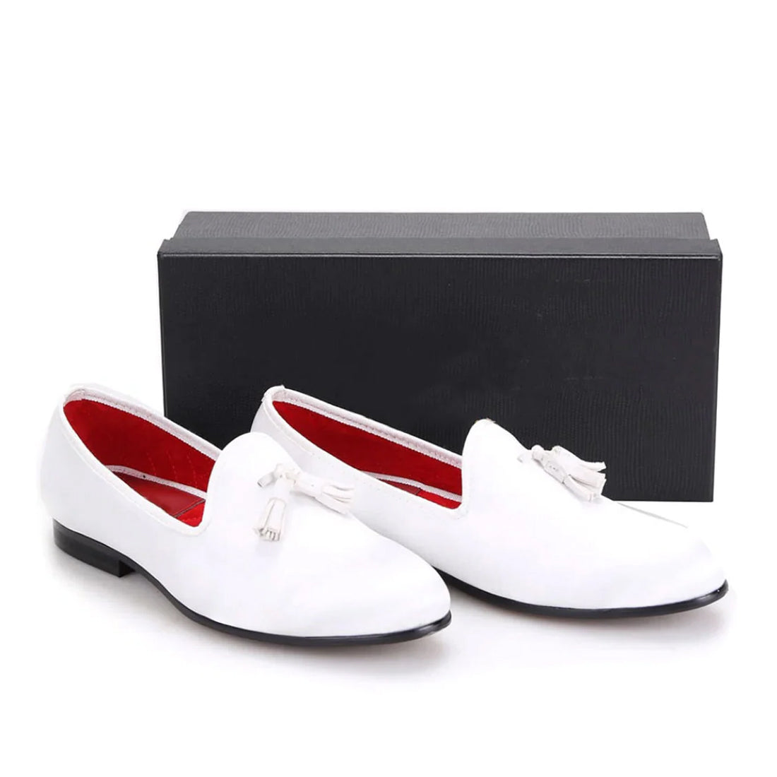 Men's White Suede Slippers Loafers with White Tassel Prom Wedding