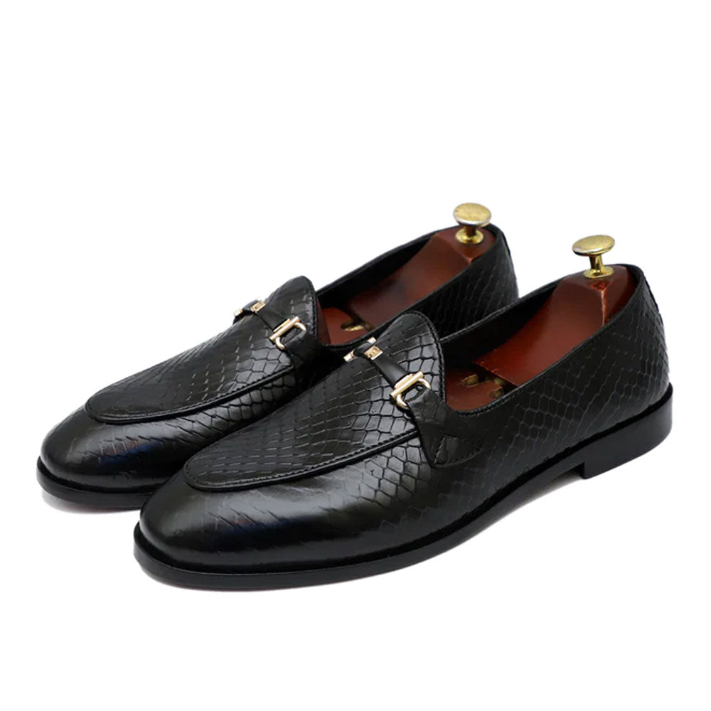 Men's Handmade Black Crocodile Leather Buckle Loafers Slip On Shoes